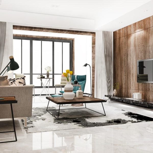 3d rendering loft scandinavian living room with working table bookshelf