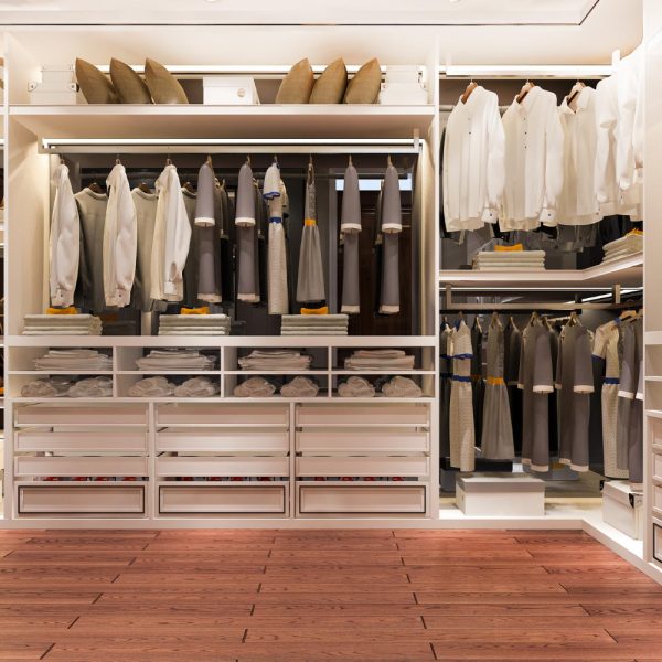 3d rendering luxury scandinavian wood walk closet with wardrobe make up table